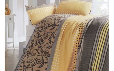 Lenjerie de pat și cearșaf din amestec de bumbac pentru pat dublu Miranda Honey, 200 x 220 cm