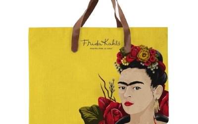 Geantă din pânză cu mâner din imitație de piele Madre Selva Frida Roses, 55 x 40 cm, galben
