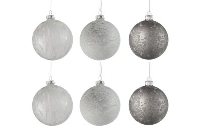 Set 6 globuri din sticlă pentru Crăciun J-Line Bauble, ø 8 cm, alb-argintiu
