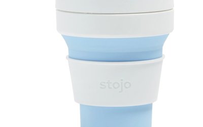 Cană termică pliabilă Stojo Pocket Cup Sky, 355 ml, alb-albastru