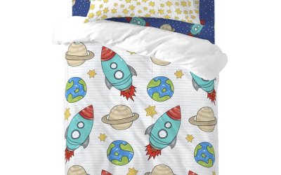 Lenjerie de pat din bumbac pentru copii, pentru pat de o persoană Mr. Fox Space Rocket, 100 x 120 cm
