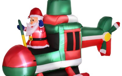 HOMCOM Babbo Natale Gonfiabile su Elicottero con 4 Luci LED e Gonfiatore, Decorazione Natalizia da Esterno, 155x63x107cm