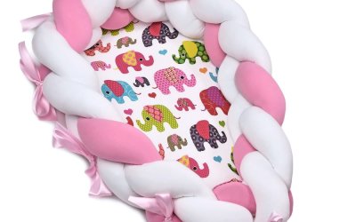 Cuib din bumbac pentru bebeluși cu protecție detașabilă T-TOMI Pink Elephant