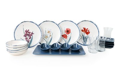 Set veselă cu 21 piese din ceramică My Ceramic Flower, alb-albastru