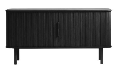 Comodă neagră joasă cu aspect de lemn de stejar cu ușă glisantă 76×160 cm Cavo – Unique Furniture