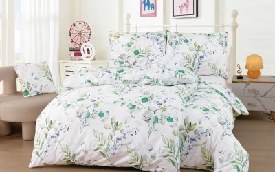 Lenjerie de pat albă/verde din microsatin pentru pat de o persoană cu 6 piese 140×200 cm Abigail – My House