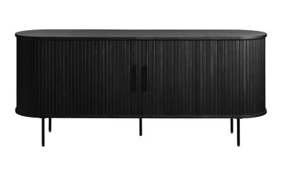 Comodă neagră joasă cu aspect de lemn de stejar cu ușă glisantă 76×180 cm Nola – Unique Furniture