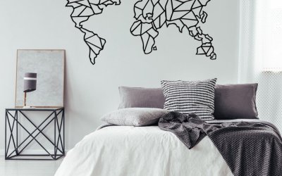 Decorațiune metalică de perete Geometric World Map, 150 x 80 cm, negru