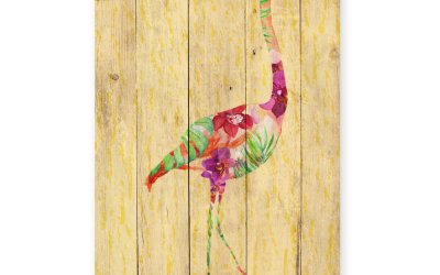 Decorațiune din lemn de pin pentru perete Madre Selva Flowers Flamingo, 60 x 40 cm