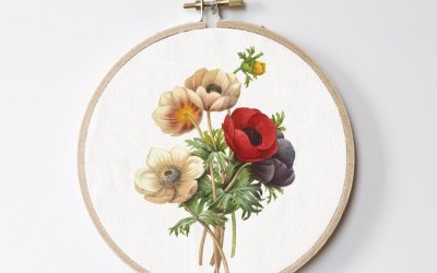 Decorațiune de perete Surdic Stitch Hoop Flowers, ⌀ 27 cm