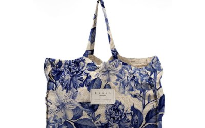 Geantă textilă Linen Blue Flowers, lățime 50 cm