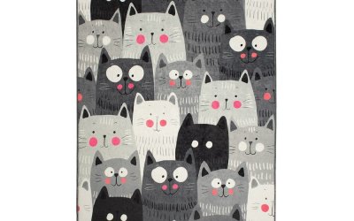 Covor antiderapant pentru copii Chilai Cats, 100 x 160 cm, gri