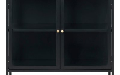 Comodă cu uși de sticlă Unique Furniture Carmel, lungime 90 cm, negru