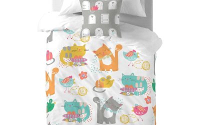 Lenjerie de pat din bumbac pentru copii Moshi Moshi Cat & Mouse, 140 x 200 cm