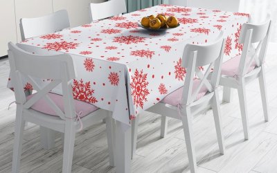 Față de masă din amestec de bumbac cu model de Crăciun Minimalist Cushion Covers Red Snowflakes, 140 x 180 cm