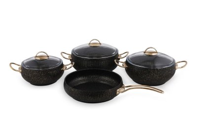 Set 4 vase de gătit din aluminiu cu 3 capace Güral Porselen Ruby, negru