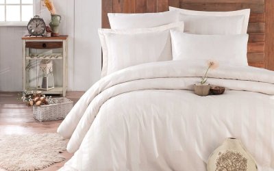 Lenjerie de pat din bumbac satinat pentru pat dublu cu cearșaf Hobby Wafel, 200 x 220 cm, crem
