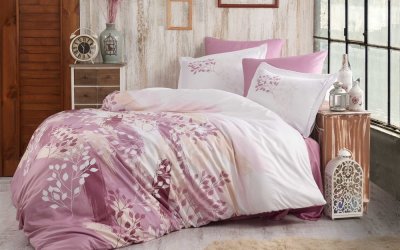 Lenjerie de pat din bumbac satinat pentru pat dublu cu cearșaf Hobby Noemi, 200 x 220 cm, roz