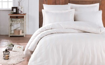 Lenjerie de pat din bumbac satinat pentru pat dublu cu cearșaf Hobby Wafel, 200 x 220 cm, alb