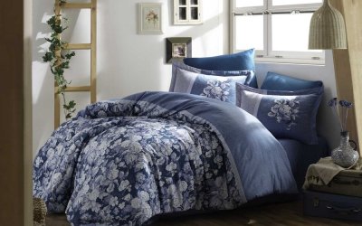 Lenjerie de pat din bumbac satinat pentru pat dublu cu cearșaf Hobby Amalia, 200 x 220 cm, albastru
