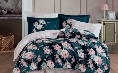 Lenjerie de pat din bumbac satinat pentru pat dublu cu cearșaf Hobby Adriana, 200 x 220 cm, verde închis