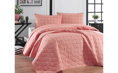 Cuvertură de pat cu 2 fețe de pernă din bumbac ranforce EnLora Home Piga, 225 x 240 cm, roz