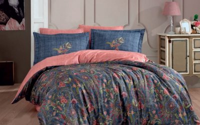 Lenjerie de pat din bumbac satinat pentru pat dublu cu cearșaf Hobby Estela, 200 x 220 cm, albastru închis