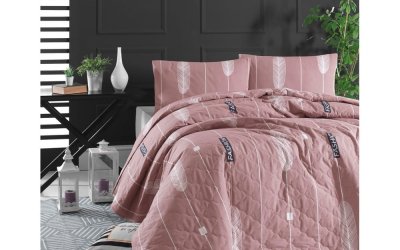 Cuvertură de pat cu 2 fețe de pernă din bumbac ranforce EnLora Home Modena, 225 x 240 cm, roz
