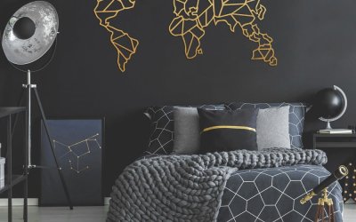 Decorațiune metalică pentru perete Geometric World Map, 120 x 58 cm, auriu