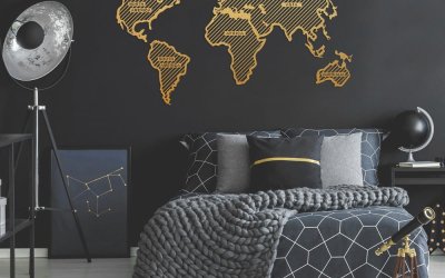 Decorațiune metalică pentru perete World Map In The Stripes, 150 x 80 cm, auriu