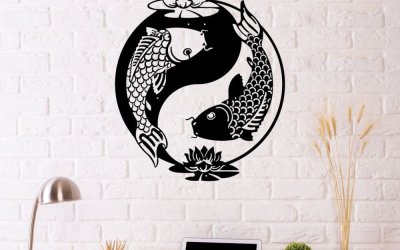 Decorațiune metalică de perete Fish Yin Yang, 41 x 49 cm, negru