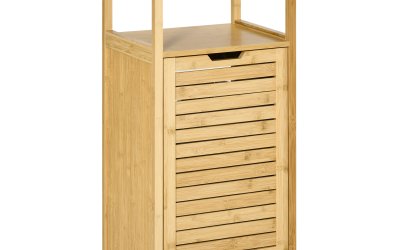 kleankin Cos de rufe din bambus, Sistem de depozitare si organizare pentru baie cu deschidere oblica, Cos pentru rufe, Natural