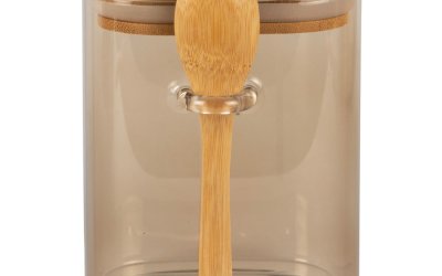 Borcan din sticlă cu capac și lingură din lemn PT LIVING Canister, înălțime 13 cm, maro