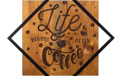 Decorațiune de perete din metal/lemn 54×54 cm Life Begins After Coffee – Wallity